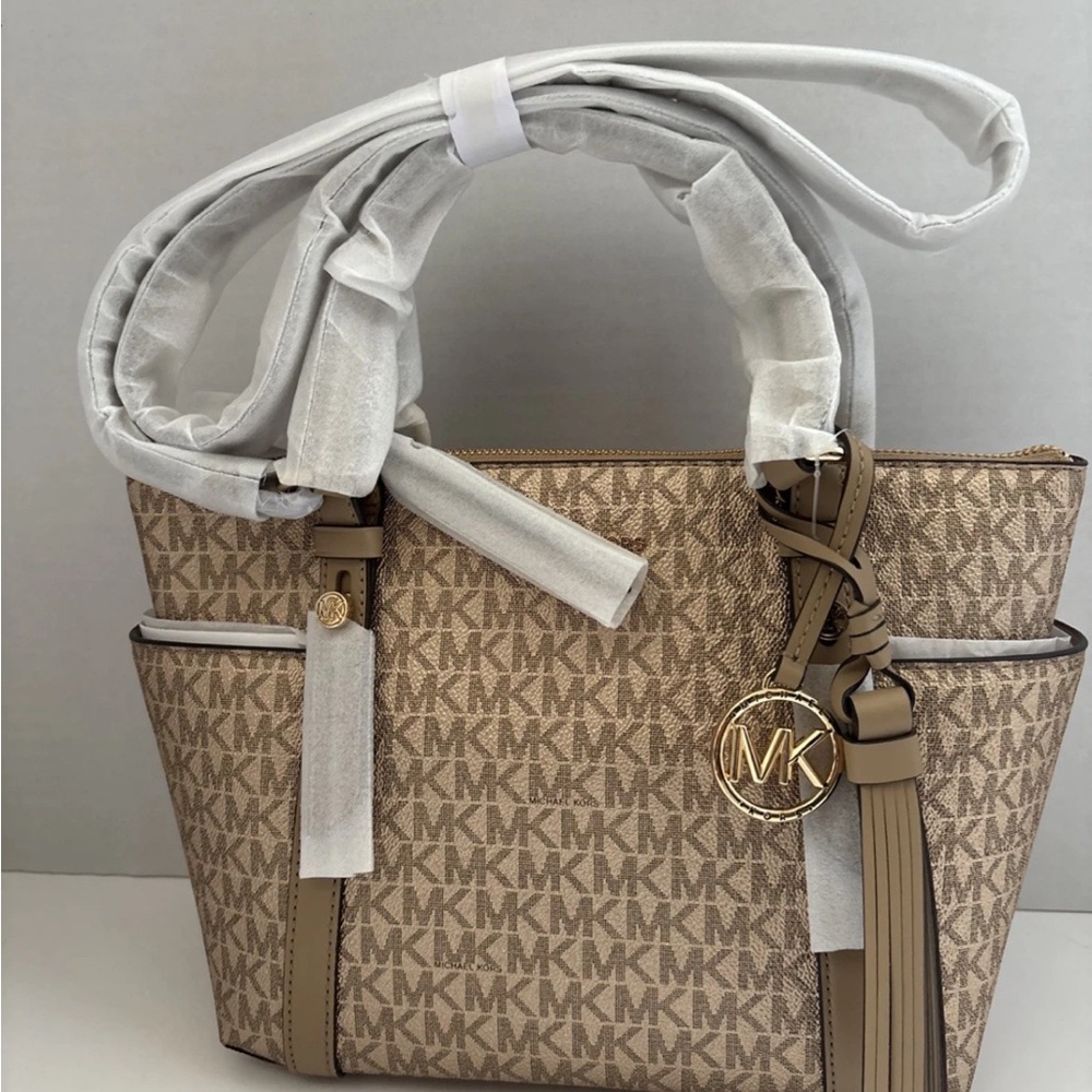 Michael Kors Sullivan Camel ShimmeSignature Logo Top Zip Small Tote Bag MK Color